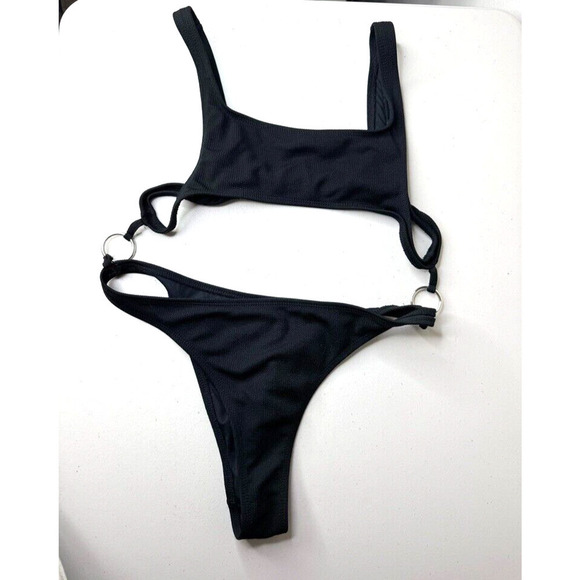 Motel Other - Women's MOTEL Black Two Piece Swim Suit Bikini Bottom Medium Ribbed Hoop Square